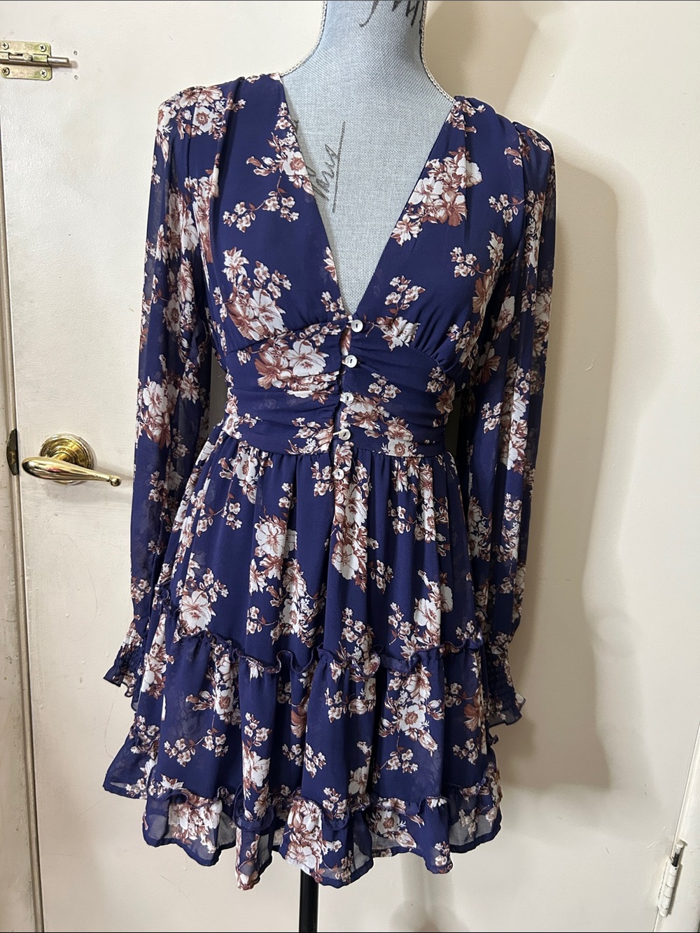 Navy Floral Long Sleeve V-Neck Tiered Mini Dress